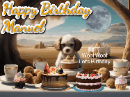 Happy Birthday Manuel GIF: Animated birthday gif with a dog at a fancy birthday table loaded with cakes as hearts appear. It reads Happy Birthday Customize.