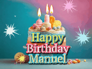 Happy Birthday Manuel GIF: A colorful animated Happy Birthday Cake GIF with swirling sparkles and flickering candles. It reads Happy Birthday Name