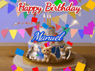 Happy Birthday Manuel GIF: Happy Birthday Cake GIF with a cat, lamb, and squirrel on the cake with flickering candles, a sparkler, and falling confetti. Reads Happy Birthday Name and you can customize the name