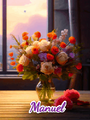 Happy Birthday Manuel GIF: A vase of flowers and animated hearts pop in and out as the words Happy Birthday Name appears that you can customize