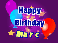 Happy Birthday Marc GIF: A lovely purple birthday gif animated with moving text, a balloon, and bubbles. Customize it.