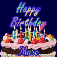 Happy Birthday Marc GIF: A dark blue birthday gif with a beautiful cake with flickering candles, background sparkles and a name to customize.