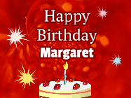 Happy Birthday Margaret GIF: A bright red happy birthday gif animated with a cake candle, and glitter and sparkles. Customize with name.
