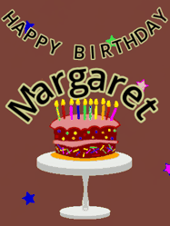Happy Birthday Margaret GIF: Animated birthday gif of a chocolate cartoon cake and stars. Animated text can be customized with name.