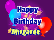 Happy Birthday Margaret GIF: A lovely purple birthday gif animated with moving text, a balloon, and bubbles. Customize it.