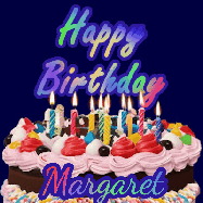 Happy Birthday Margaret GIF: A dark blue birthday gif with a beautiful cake with flickering candles, background sparkles and a name to customize.