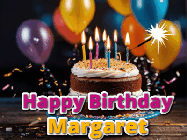 Happy Birthday Margaret GIF: A birthday cake with flickering candles gif with text reading Happy Birthday and a Name slot to customize