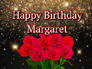 Happy Birthday Margaret GIF: A beautiful birthday gif with a bouquet of flowers and animated hearts on a black and glitter background.