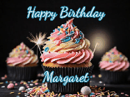 Happy Birthday Margaret GIF: A delicious cupcake gif with animated sparkles reading Happy Birthday with a name to customize