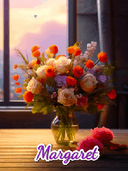 Happy Birthday Margaret GIF: A vase of flowers and animated hearts pop in and out as the words Happy Birthday Name appears that you can customize