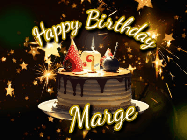 Happy Birthday Marge GIF: Bursting stars fall past a birthday cake in this animated birthday gif with name you can customize. Dark background.
