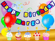 Happy Birthday Marge GIF: Animated happy birthday gif with a party balloon background, a row of cupcakes, and birthday banner to customize.