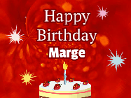 Happy Birthday Marge GIF: A bright red happy birthday gif animated with a cake candle, and glitter and sparkles. Customize with name.