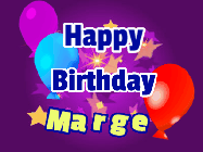 Happy Birthday Marge GIF: A lovely purple birthday gif animated with moving text, a balloon, and bubbles. Customize it.