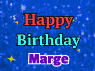 Happy Birthday Marge GIF: An exciting blue glittered animated happy birthday gif with sparkles, glitter, and 3 lines of text with name to customize.