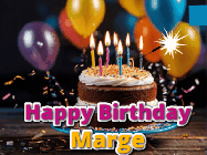 Happy Birthday Marge GIF: A birthday cake with flickering candles gif with text reading Happy Birthday and a Name slot to customize