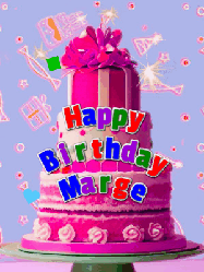 Happy Birthday Marge GIF: A big beautiful birthday cake gif with falling confetti, sparklers, and balloons, reads Happy Birthday Name. Customize it.