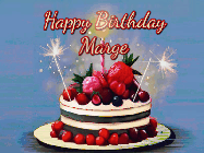 Happy Birthday Marge GIF: Animated GIF of a birthday cake covered in berries with 2 sparklers and a candle, reads Happy Birthday Name. Customize it.