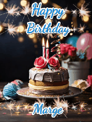 Happy Birthday Marge GIF: Sparkles and glitter happy birthday gif with a cake and flickering candles and sparklers behind the words happy birthday customize