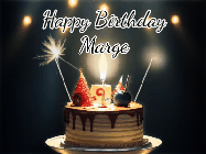 Happy Birthday Marge GIF: Animated birthday cake gif with sparklers on a dark background. Personalize up to 3 lines of text.