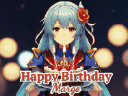 Happy Birthday Marge GIF: Anime girl holding a birthday cake and an animated sword falls into it. Text reads Happy Birthday Customize
