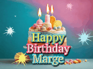 Happy Birthday Marge GIF: A colorful animated Happy Birthday Cake GIF with swirling sparkles and flickering candles. It reads Happy Birthday Name