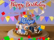 Happy Birthday Marge GIF: Happy Birthday Cake GIF with a cat, lamb, and squirrel on the cake with flickering candles, a sparkler, and falling confetti. Reads Happy Birthday Name and you can customize the name