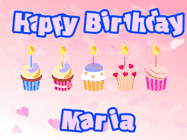 Happy Birthday Maria GIF: Pink animated birthday gif with 5 cupcakes and candles and animated text you can customize with name.