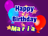 Happy Birthday Maria GIF: A lovely purple birthday gif animated with moving text, a balloon, and bubbles. Customize it.