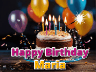 Happy Birthday Maria GIF: A birthday cake with flickering candles gif with text reading Happy Birthday and a Name slot to customize