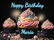 Happy Birthday Maria GIF: A delicious cupcake gif with animated sparkles reading Happy Birthday with a name to customize