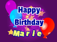 Happy Birthday Marie GIF: A lovely purple birthday gif animated with moving text, a balloon, and bubbles. Customize it.