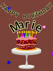 Happy Birthday Marie GIF: Animated birthday gif of a chocolate cartoon cake and stars. Animated text can be customized with name.