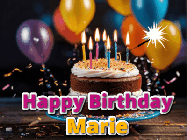 Happy Birthday Marie GIF: A birthday cake with flickering candles gif with text reading Happy Birthday and a Name slot to customize