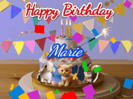 Happy Birthday Marie GIF: Happy Birthday Cake GIF with a cat, lamb, and squirrel on the cake with flickering candles, a sparkler, and falling confetti. Reads Happy Birthday Name and you can customize the name