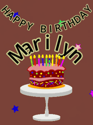 Happy Birthday Marilyn GIF: Animated birthday gif of a chocolate cartoon cake and stars. Animated text can be customized with name.