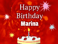 Happy Birthday Marina GIF: A bright red happy birthday gif animated with a cake candle, and glitter and sparkles. Customize with name.