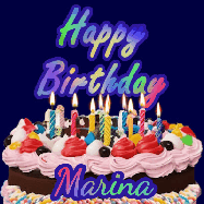 Happy Birthday Marina GIF: A dark blue birthday gif with a beautiful cake with flickering candles, background sparkles and a name to customize.