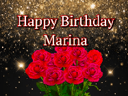Happy Birthday Marina GIF: A beautiful birthday gif with a bouquet of flowers and animated hearts on a black and glitter background.