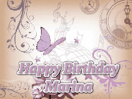 Happy Birthday Marina GIF: Classical birthday gif background with colorful musical notes floating past and a name you can customize, reads Happy Birthday.