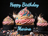Happy Birthday Marina GIF: A delicious cupcake gif with animated sparkles reading Happy Birthday with a name to customize