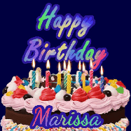 Happy Birthday Marissa GIF: A dark blue birthday gif with a beautiful cake with flickering candles, background sparkles and a name to customize.