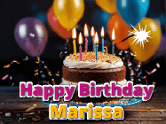 Happy Birthday Marissa GIF: A birthday cake with flickering candles gif with text reading Happy Birthday and a Name slot to customize