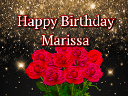 Happy Birthday Marissa GIF: A beautiful birthday gif with a bouquet of flowers and animated hearts on a black and glitter background.