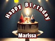 Happy Birthday Marissa GIF: Animated happy birthday gif with a cake and flickering candles with colorful falling confetti and text reading Happy Birthday