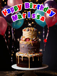 Happy Birthday Marissa GIF: Beautiful birthday cake animated gif, a celebration of balloons, confetti, and sparklers. Customize banner and name.