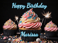 Happy Birthday Marissa GIF: A delicious cupcake gif with animated sparkles reading Happy Birthday with a name to customize