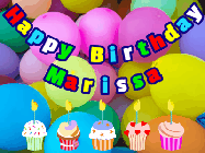 Happy Birthday Marissa GIF: Happy birthday animated gif with 5 cupcakes with candles, balloons, and banner text and name you can customize.