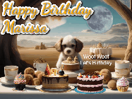 Happy Birthday Marissa GIF: Animated birthday gif with a dog at a fancy birthday table loaded with cakes as hearts appear. It reads Happy Birthday Customize.