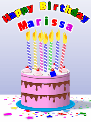 Happy Birthday Marissa GIF: Cartoon style happy birthday gif cake with confetti of stars and hearts, and rising balloons. Customize the name.